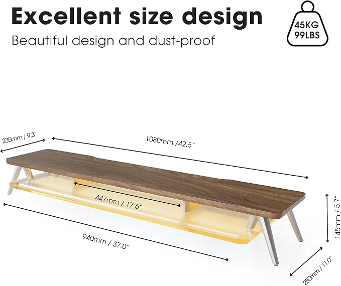 Fenge Dual Monitor Stand with 8-Mode LED Lights and Frosted Shelf, Brown | Sturdy Aluminum Legs, Built-In Phone & Tablet Slot, 2-Tier Storage, 42.5-Inch Desk Shelf for Gaming, Home Office & Streaming