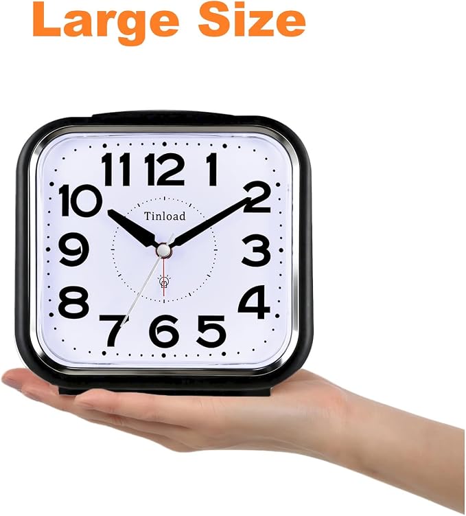 Tinload 5.5" Large No Ticking Analog Alarm Clock,Silent Readable for Seniors,Easy to Set,Gradual Rise Alarm,Big Numbers,Gentle Wake,Snooze, Lighted on Demand,Battery Operated(Black-B)