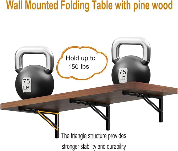 IAE Wall Mounted Folding Table with Pine Wood,55" x 16" Floating Wall Desk,Laundry Folding Table with Shelf Brackets,Fold Down Desk Shelf,Fold Workbench for Apartments,Home,Laundry Room,Kitchen,Teak
