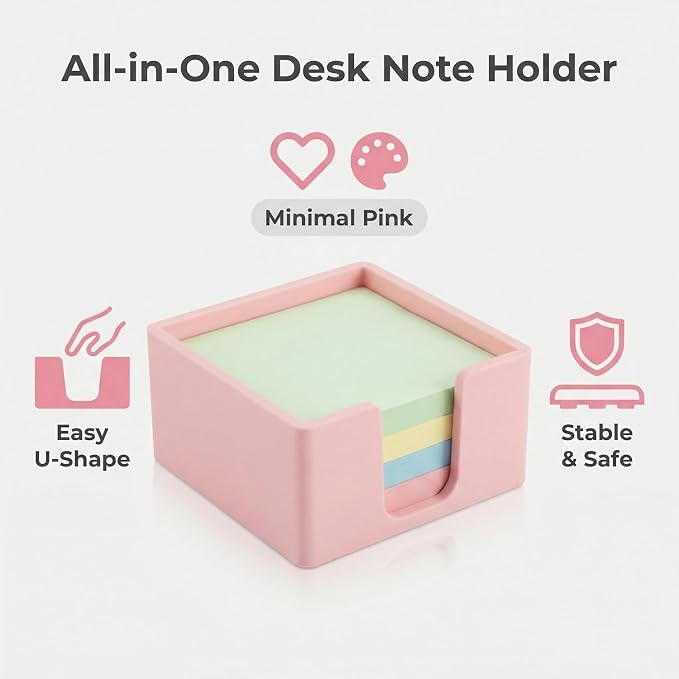Silicone Sticky Note Holder for Desk - Modern 3x3 Inch Memo Pad Dispenser Post Note Holder, Minimalist Desk Note Storage Organizer for Office, Home, and School, Pink