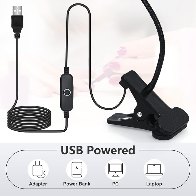 UV Nail Lamp - UV Light for Gel Nails, Flash Cure Lamp, LED Gooseneck Flash Cure Lamp for Nails, Manicure Dryer Black Light with Clamp, 365+395nm Wavelength 5V 3W 4 Levels Dimming Black