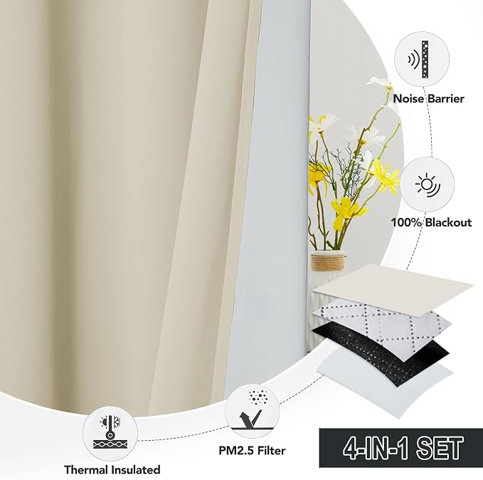 RYB HOME Soundproof & Dust Particle Filtering Curtains Blackout Window Treatment for Bedroom Living Room Divider Nursery Daytime Sleeping Patio Door, Beige, W52 x L 102 inch, 2 Panels