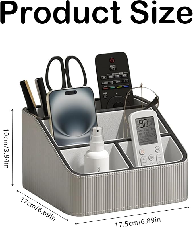 Buqoo Grey PU Leather Desk Organizer with Gold Accents | 4-Compartment Remote Holder & Stationery Caddy for Office/Nightstand (6.89in×6.69in×3.94in)