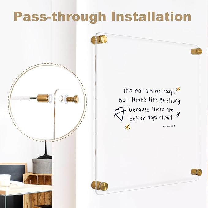 Clear Acrylic Dry Erase Board, 12" X 14" Golden Non-Magnetic Frameless Acrylic White Board for Wall, Clear Erasable Menu Board for Wall, Home, Office, School, 2 Markers