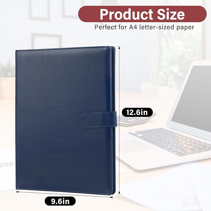 Professional Padfolio,Blue Faux Leather Portfolio Binder | Includes clipboard,business card holder and document storage for office,conference,interviews,resume papers and business use