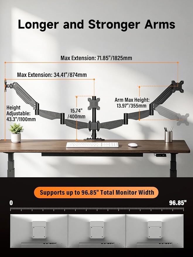 Bracwiser Triple Monitor Mount for 17 to 34 inch Screens, Holds up to 26.45lb, Adjustable Triple Monitors Stand for Desk with Tilt, Swivel, Rotation, Clamp & Grommet Kit, VESA 75/100mm, Black, MDX003P