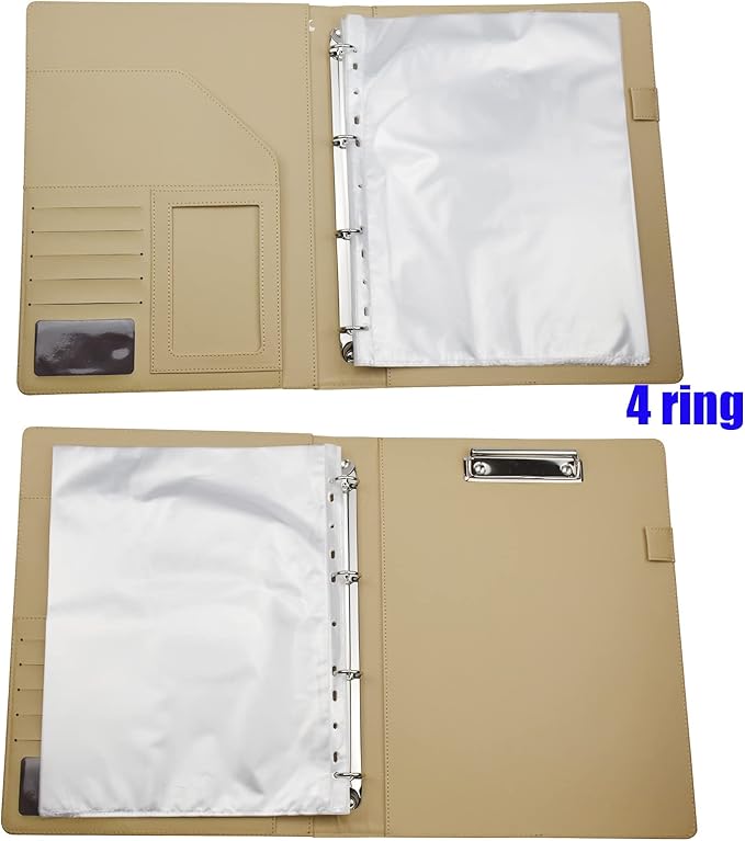 PU Leather Padfolio Ring Binder with Clipboard Resume Leather Portfolio with 20 Clear Plastic Sleeves Brown