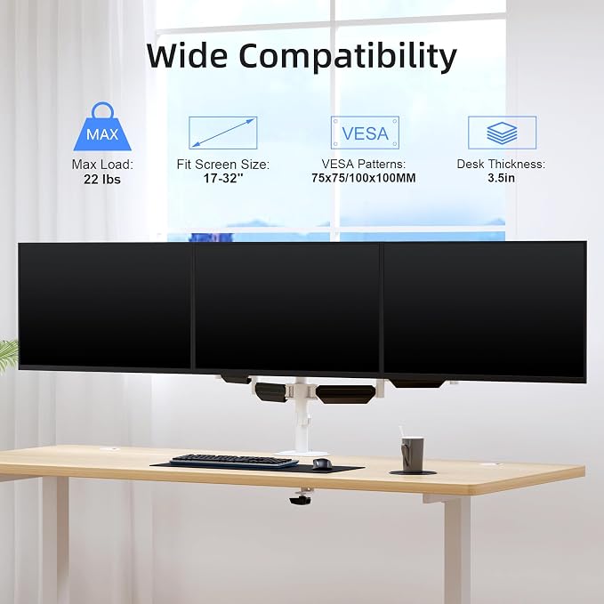 suptek Triple Monitor Mount for Most 17 to 32 inch Screens,Gas Springs Adjustment Triple Monitor Desk Mount Stand with Clamp & Grommet Kit,White(MDX003W)