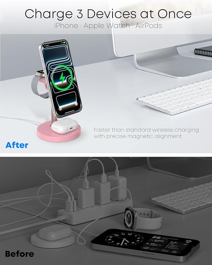3 in 1 Magnetic Wireless Charging Station, 15W Charger for iPhone, Pink | Compatible with iPhone 12-17 Series, Apple Watch & AirPods, Charges 3 Devices Together, 18W Adapter Included, 3-Year Warranty
