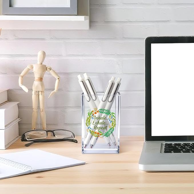 Inhale Exhale Repeat Acrylic Cosmetic Pencil Pen Holder Cup, Inspirational Desk Organizer Accessories for Home Office Meditation Room Decor, Motivational Gifts for Women Girl Yoga Lover Coworker