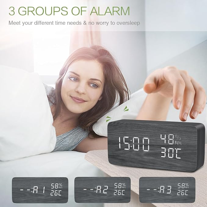 KeeKit Digital Wooden Alarm Clock, Electronic LED Desktop Clock with Temperature Humidity Time Display, 3 Alarm Settings, Voice Control, 3 Levels Adjustable Brightness for Home, Bedroom, Office