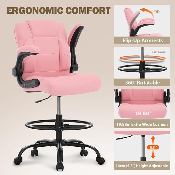 Ergonomic Drafting Chair,Tall Office Chair for Standing Desk with Flip-Up Armrests,Adjustable Foot Ring & Height, High Leather Executive Office Chair for Home,Drawing or Counter Height Use