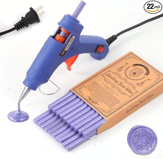 Wax Seal Kits, Wasole 20Pcs Pearl Purple Sealing Wax Sticks with 1 Pieces Glue Gun Set for Wax Seal Stamp, Great for Wedding Invitations, Birthday Cards, Envelopes, Gift Wrapping (Pearl Purple)
