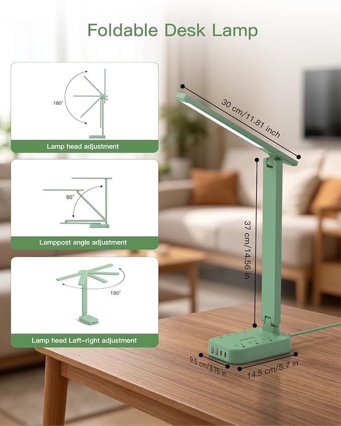 One Beat Small LED Desk Lamp Power Strip, Extension Cord with 3 Outlets 4 USB Ports(2 USB C), 4 Modes, 5 Level Touch Lamp Study Reading Light, Home Office Bedroom College Dorm Room Essentials, Green