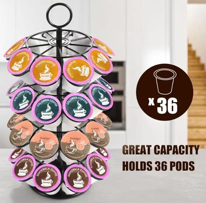 K Cup Holder, Coffee Pod Holder Organizer for Countertop, 36 K-Cup Carousel Stand Compatible with Keurig Pods, 360° Rotating 4-Tier Metal Pod Storage, Black