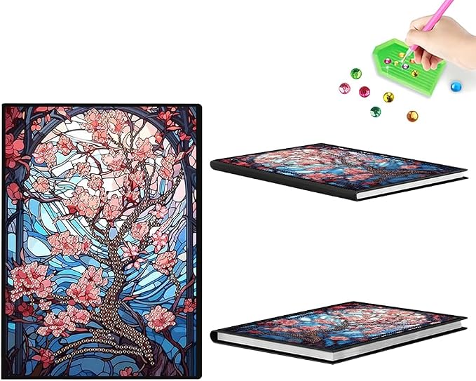 FRANDEK Pearl Painting Notebook Kit, Red Flower Tree A5 DIY Journal with 50 Blank Pages, Diamond Gem Art Cover with Waterproof Canvas, Beginner Craft Set with Full Tools for Adults