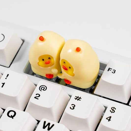 Cute Duck Mechanical Keyboard Keycaps, Cream Yellow Resin, 1U Size, MX Switch Compatible, Decorative Hugging Design, 2 Piece Set