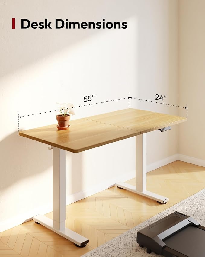SANODESK Height Adjustable Electric Standing Desk 55x24 Inches, Sit Stand Desk with Splice Board for Home Office, Ergonomic Computer Workstation, Study & Gaming, White Frame/Maple Top
