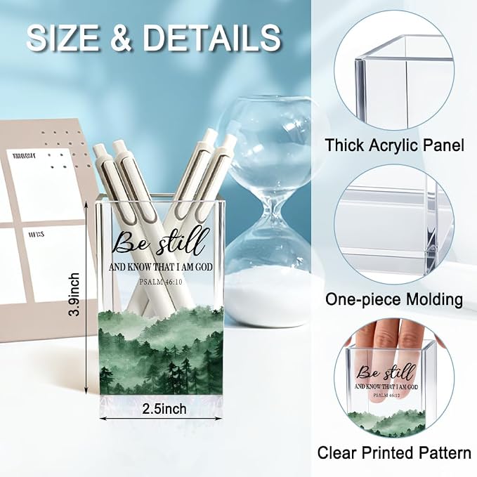 Be Still And Know That I Am God Acrylic Pencil Holder Cup, Christian Pen Holder for Desk, Christian Gifts for Women Girls, Bible Verses Clear Cosmetic Holder for Home Office Desk Accessories