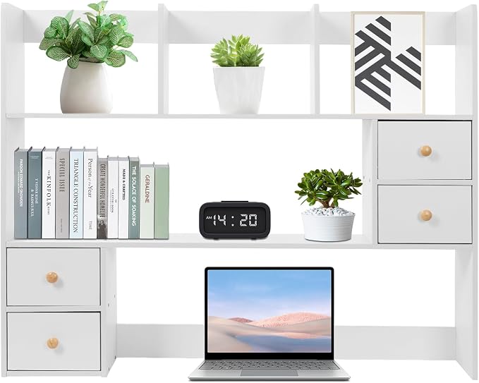White Desk Hutch, Desktop Bookshelf Multi-Functional Desktop Organizer Wooden Desk Shelves 3 Tire Desk Storage Shelf for Home Office (White)