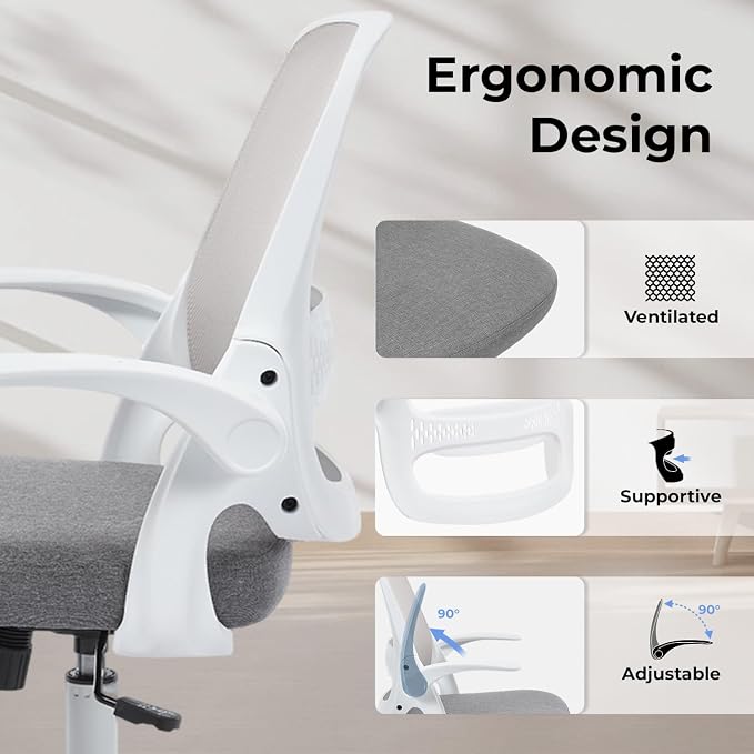 Ergonomic Mesh Office Chair for Home Office, Flip-Up Arms, Breathable Mesh Back & Thick Seat Cushion, Swivel Rolling Computer Desk Chair – BIFMA Certified, Supports 300 lbs (White Frame/Gray Seat)