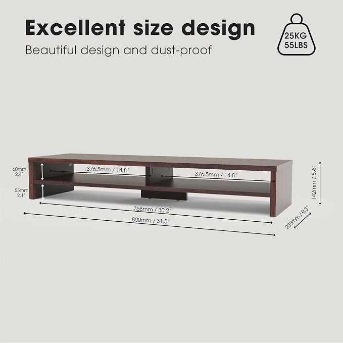 Fenge 31.5 Inch Dual Monitor Stand Riser for Desk, Brown | Wooden Desk Shelf, 2-Tier Open Storage Compartment, for PC Laptop Screen Printer, Home Office Desktop Organizer