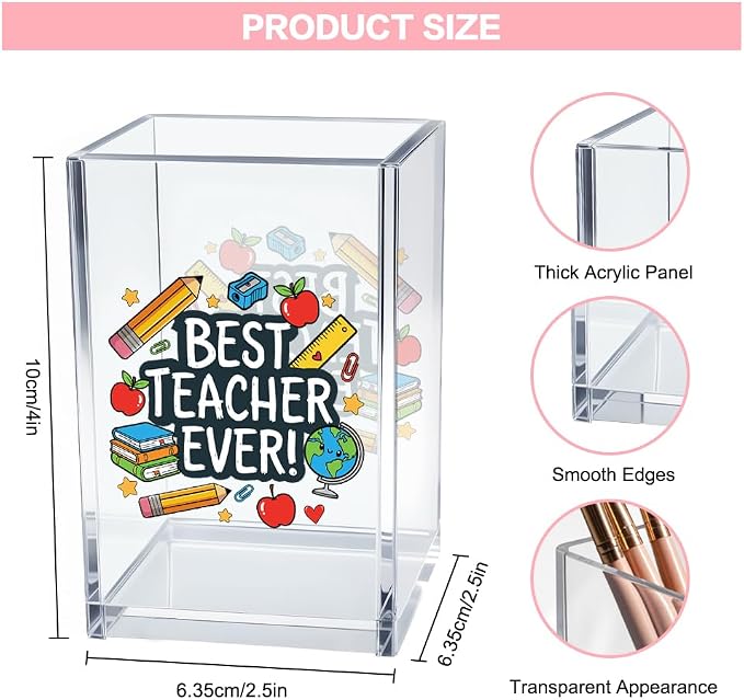 Best Teacher Ever Acrylic Pencil Holder for Desk, Teacher Appreciation Gifts for Women Men, End of School Year & Back to School Gifts, Colorful Teacher Desk Organizer Decor for Office Classroom