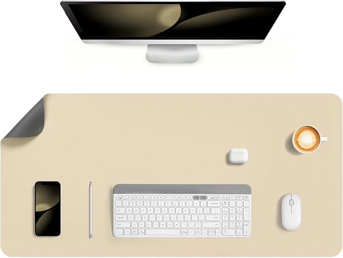 Dual Sided Desk Pad Faux Leather Desk Mat Large Mouse Pad | Desk Pad Protector Non-Slip Waterproof Desk Mouse Pad for Writing Desk, Office, Home(Gray Beige 35.4"X17")