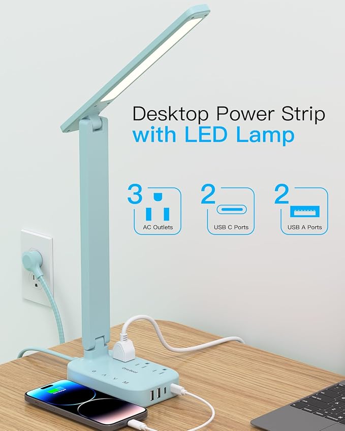 One Beat LED Small Desk Lamp Power Strip 5ft Extension Cord, 3 Outlets, 4 USB Ports(2 USB C), 4 Modes, 5 Level Touch- Home, Office, Bedroom, Bedside, Study Reading Light, Dorm Room Essentials, Blue