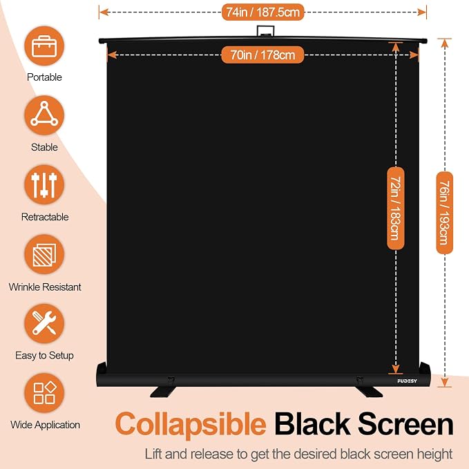 Black Backdrop Screen, Collapsible Retractable Chroma Key Photo Background | 74 x 76in Portable Chromakey Panel, Wrinkle Resistant, Pull Up, Photographic Studio, Video Conference, Live Game, Streaming