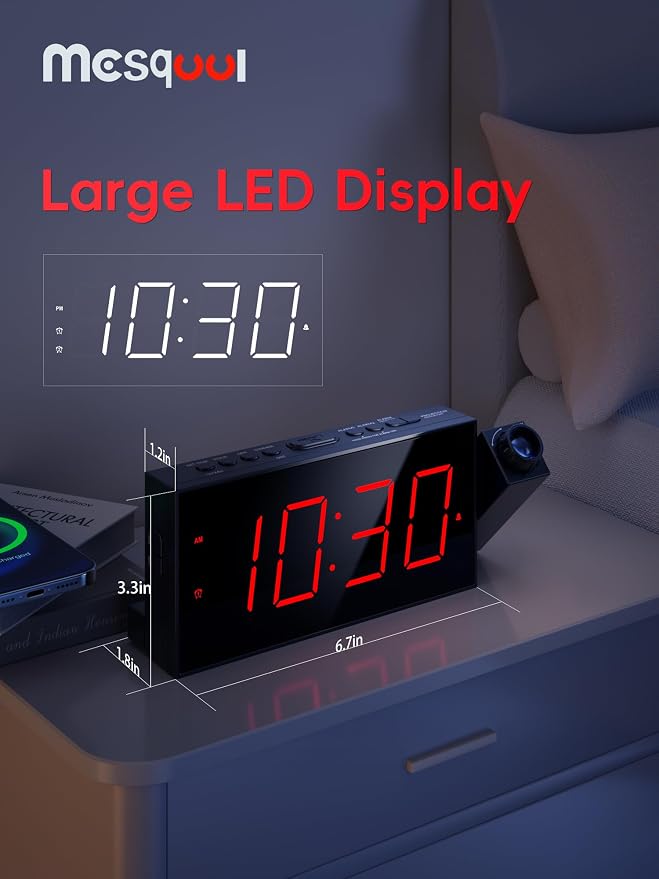 Mesqool Digital Projection Alarm Clock with Dual Alarms, 5 Levels Dimmer | 180° Rotatable Projector,12/24H & DST, Large LED, Snooze, with Battery Backup, Loud Alarm Perfect for Heavy Sleepers