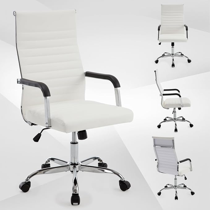 Office Chair, Ergonomic Executive Conference Room Chairs, Ribbed Leather Desk Chair with Lumbar Support, Adjustable Height Mid-Back Swivel Chair with Padded Seat
