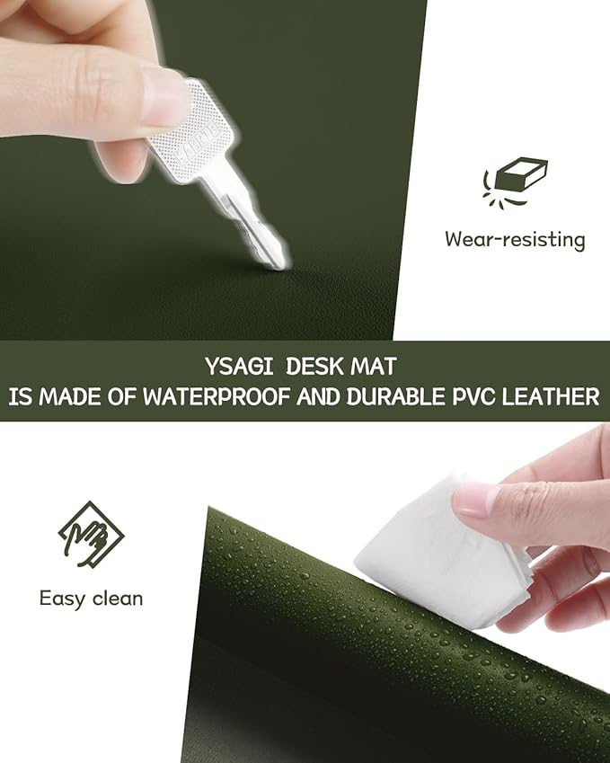 YSAGi Non-Slip Leather Desk Pad L Size, Waterproof Laptop Computer Desk Keyboard Mat, Table Protector Blotter Mat, Large Mouse Pad for Office/Work/Home/Decor(Olive Green, 35.4" x 17")