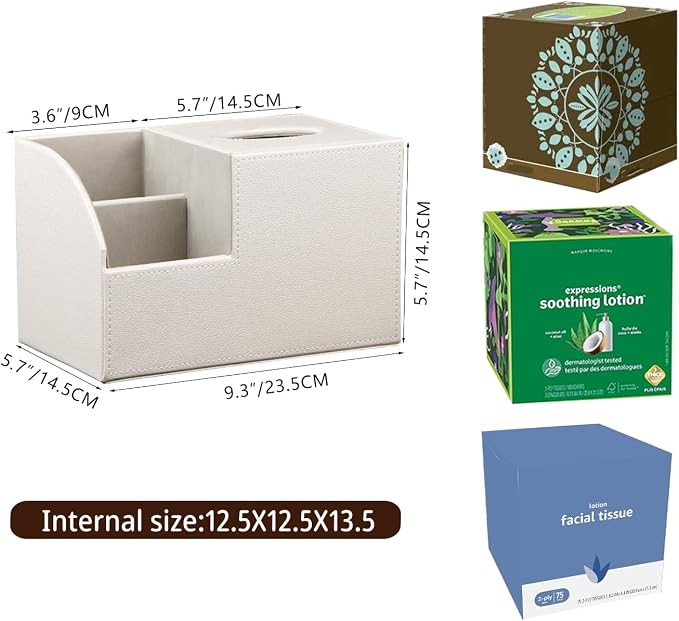 PU Leather Square Tissue Box Cover - Multi-Functional Tissue Box Holder | Tissue Box Cover with Storage,Tissue and Remote Control Holder/Caddy,Cube Tissue Box Organizer Bedroom Nightstand End Table