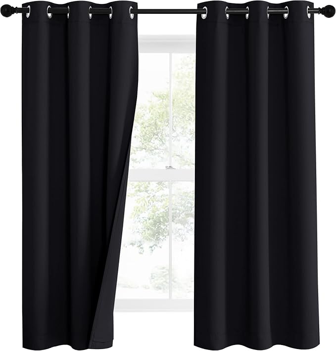 NICETOWN Sound Blocking Black Out Curtains for Nursery Bedroom, Full Blackout Noise Preventing Thermal Insulated Drapes, Noise Barrier Privacy Panels for Kicthen/Cafe (Black, 42" Wide x 63" Long)