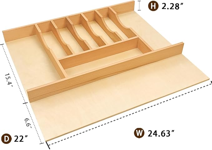 Silverware Drawer Organizer - Trim-to-Fit with Adjustable Dividers for Kitchen Utensil Storage, Beech Wood Frame with 11 Sizes (24.63" W x 22" D)