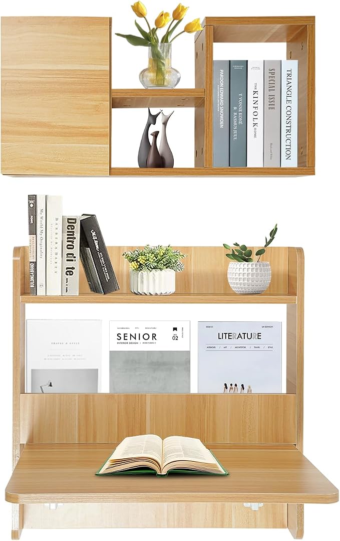 Floating Desk, 24" Wall Mounted Folding Desk with Bookshelf Folding Wall Desks Space Saving Workstation with Storage Shelves for Home Office Bedroom Study Room Small Space