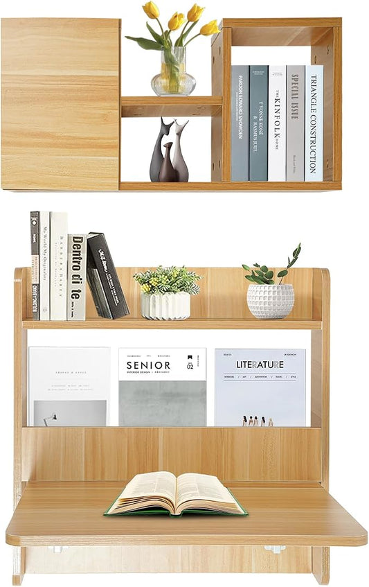 Floating Desk, 24" Wall Mounted Folding Desk with Bookshelf Folding Wall Desks Space Saving Workstation with Storage Shelves for Home Office Bedroom Study Room Small Space