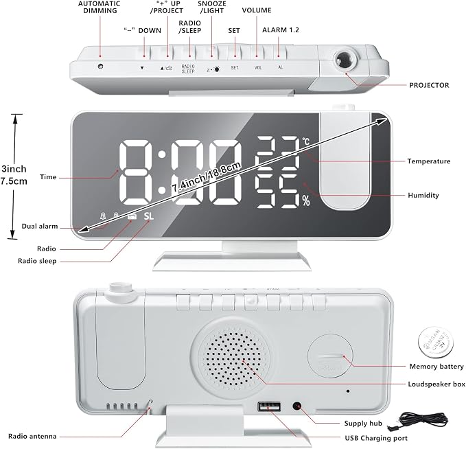 Projection Digital Alarm Clock for Bedrooms, Clock Radio on Ceiling, USB | Charger Port, Temperature & Humidity Display, 7.3” Large Mirror LED Display,12/24H,Snooze,Dual Loud Alarm Clock- 4 Dimmer