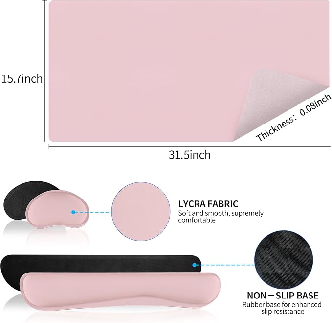 Mouse Pad and Keyboard Wrist Rest, Large Keyboard and Mouse Pad Set, Ergonomic Mousepad with Wrist Rest, Non-Slip Desk Mat Protector for Office, Home (31.5×15.7 Inches, Pink)