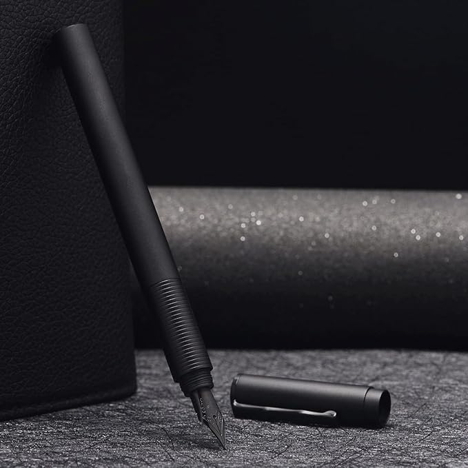 Hongdian H3 Fountain Pen Titanium Black Fine Nib with Bamboo Pen Clip, Black Aluminum Alloy Writing Pen