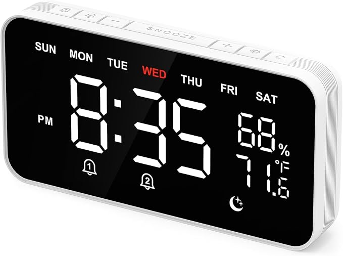 Dekala Digital Alarm Clocks for Bedrooms, Loud Alarm Clock for Heavy Sleepers, Temperature & Humidity Detect, Dual Alarms Weekday/Weekend Mode, Large Display Auto Dimmer, Sleep Sound，9 Ringtone