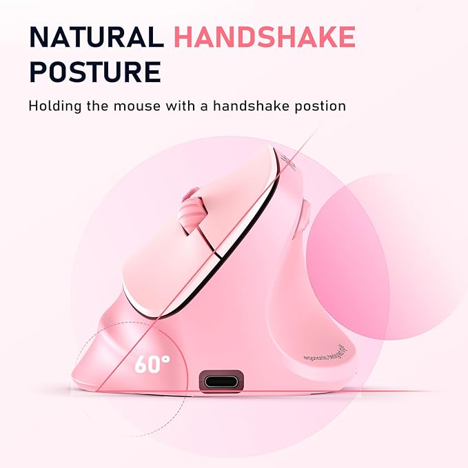 MEETION Ergonomic Mouse, Wireless Vertical Mouse RGB Backlit Rechargeable Mice for Bluetooth(5.2 + 3.0) USB, 4 Adjustable DPI Compatible Mac/Windows/Andriod/PC/Tablet/iPad Pink
