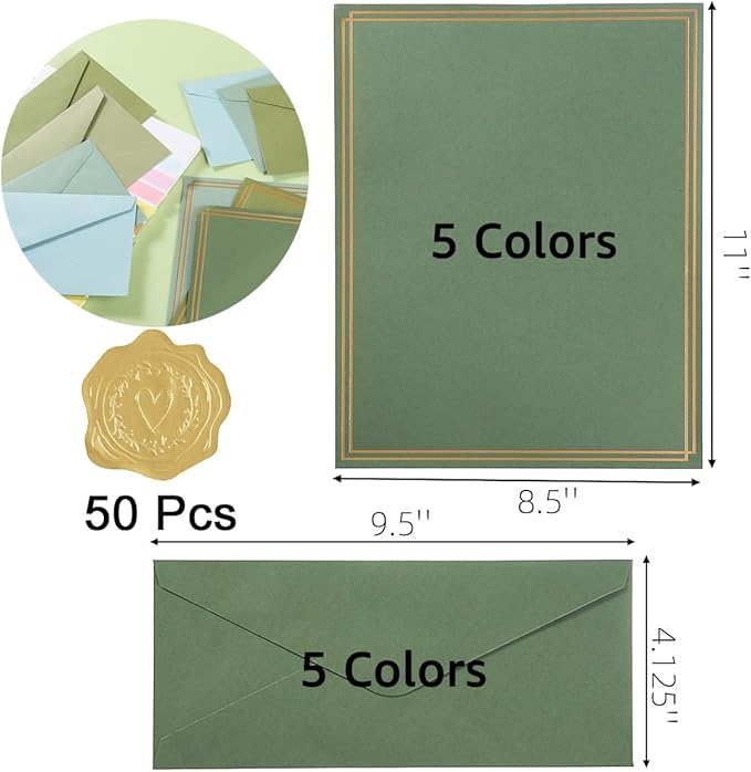 50 Pack Colored Stationery Set, 5 Colors #10 Business Envelopes, 50 Sheets 8.5x11 Paper Sheet and Gold Stickers for Office, Letters, Invitations (Sage-Green)