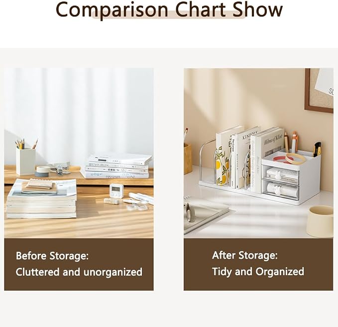 Desk Organizer with Bookends, Desktop Storage Box with 2 Drawers (White) | Multi-Functional Desk Accessories Organizer with 3 Top Compartments and 4 Bookends for Home Office School Supplies