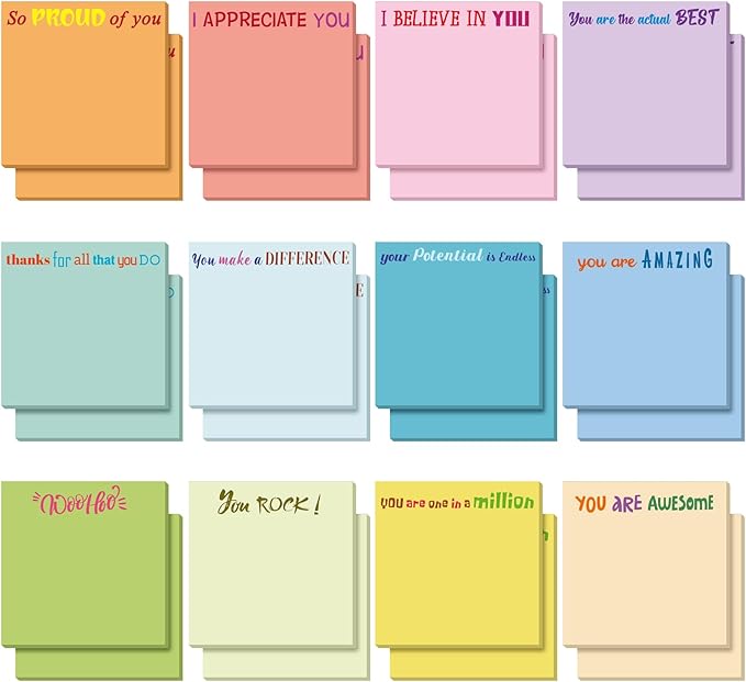 Yinder 12 Pcs Inspirational Sticky Notes Thank You Gift Motivational Sticky Note Pad Employee Appreciation Gift Bulk for Staff Coworker Teacher Nurse Office Groups 3 x 3'' (Appreciation,Simple Color)