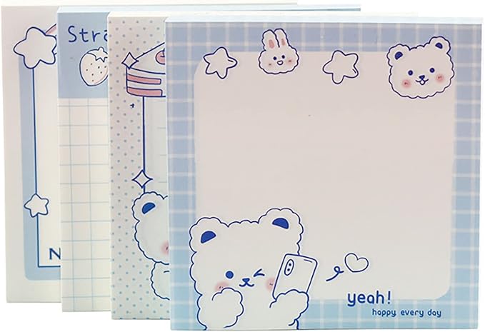 4 Pack Cute Sticky Notes Kawaii Sticky Notes Memo Pads 3.1x3.1 Inches Fresh Bear Series Self-Stick Note Pads for Girls Boys Students School Office Home (320 Sheets), 4 Pads 80 Sheets/Pad