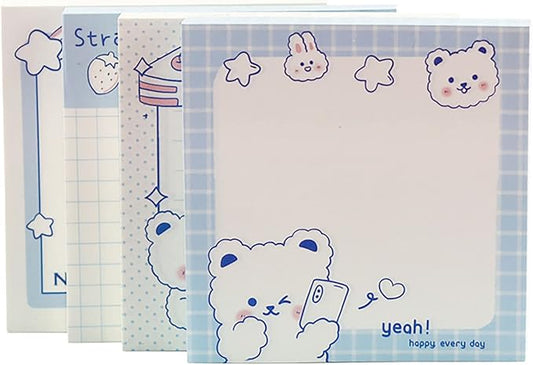 4 Pack Cute Sticky Notes Kawaii Sticky Notes Memo Pads 3.1x3.1 Inches Fresh Bear Series Self-Stick Note Pads for Girls Boys Students School Office Home (320 Sheets), 4 Pads 80 Sheets/Pad