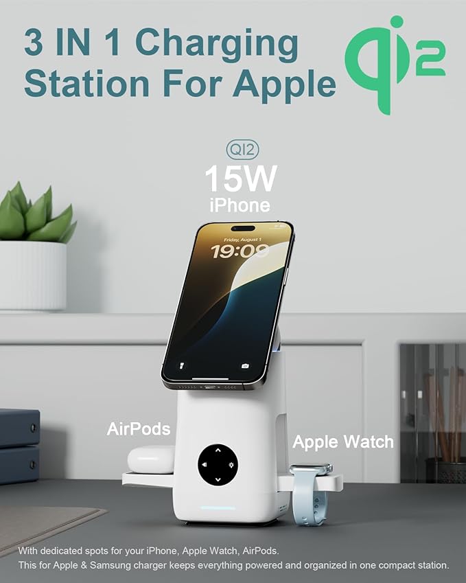 3 in 1 Charging Station for Apple & Samsung - Qi2 Certified 15W Wireless Mag-Safe Charger Stand Compatible for iPhone 17 16 15 14 13 12, AirPods, Apple & Galaxy Watch, Samsung S25 S24 (2 Pack White)