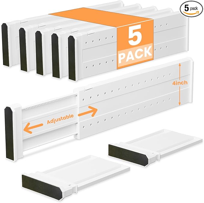 REBECAT 5 Pack Drawer Dividers for Clothes Adjustable Drawer Dividers 4" High Expandable from 15"-21" for Dresser Baby Clothes Bathroom,Bedroom Kitchen and Office Storage，White
